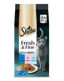 SHEBA Fresh & Fine z zselé 6x50g tonhallal, lazaccal és fehér hallal, nedves macskaeledel