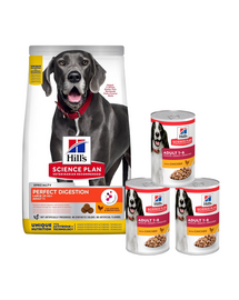 HILL'S Science Plan Canine Adult Large Perfect Digestion Chicken and Brown Rice 14kg kutyatáp nagytestű kutyák számára + 3 konzerv GRATIS