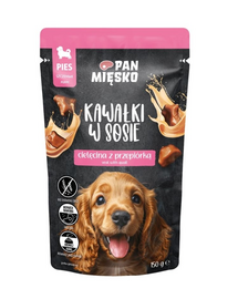 PAN MIĘSKO Kockák szószban Borjúhús fürjtojással nedves táplálék kölyökkutyák számára 150g