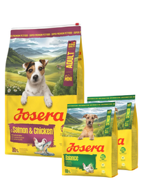JOSERA Mini Adult Salmon and Chicken 10kg bezglutenowa karma z sosem dla psów małych ras + 2x900g karmy GRATIS
