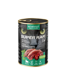 SUPER RAFI Cat kacsával és pulykás májjal 400g nedves táplálék ivartalanított macskák számára