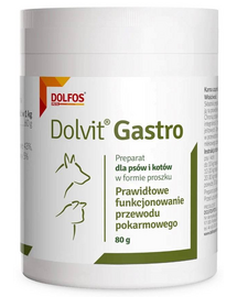 DOLFOS Dolvit Gastro 80g Preparat a megfelelő emésztőrendszer működéséhez kutyák és macskák számára