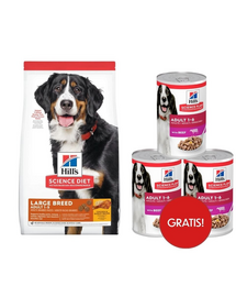 HILL'S Science Plan Adult Dog Large Dry Chicken csirke 14 kg nagytestű fajták számára + 3 konzerv HILL'S nedves táplálék AJÁNDÉKBA