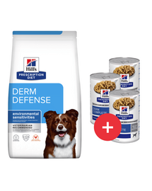HILL'S Prescription Diet Canine Derm Defense 12 kg allergiás kutyák számára + 3 konzerv ingyen