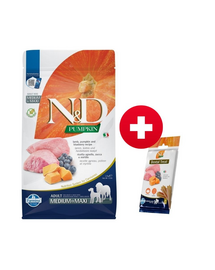 FARMINA N&D Pumpkin lamb & blueberry Adult Medium & Maxi 2.5 kg + FARMINA N&D Pumpkin Dental Treat Lamb Blueberry Medium/Maxi 100 g (7 db.) INGYEN!