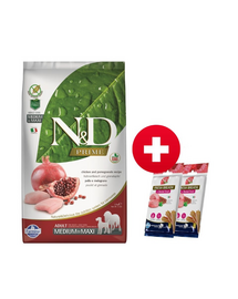 FARMINA N&D Prime kutya Felnőtt Közepes és Nagy csirke és gránátalma 12 kg + 2x FARMINA N&D Quinoa Fogápoló Finomság Friss lehelet Közepes/Nagy 100 g (7 db) AJÁNDÉK!