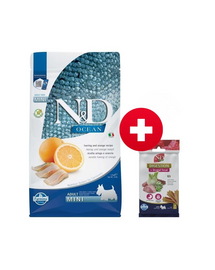 FARMINA N&D Ocean Dog Adult Mini hering és narancs 2,5 kg kis testű kutyáknak + FARMINA N&D Quinoa Dental Treat Digestion Mini 60 g (7 db) AJÁNDÉK!
