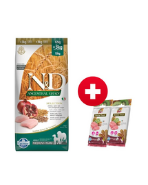 FARMINA N&D Ancestral Selection Dog chicken and pomegranate Adult Medium & Maxi 15 kg + 2x FARMINA N&D Tropical Selection Dental Treat Pork Medium/Maxi 100 g INGYEN!