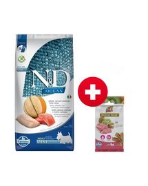 FARMINA N&D Ocean Dog Adult Mini salmon, cod & canatloupe melon 7 kg + FARMINA N&D Tropical Selection Dental Treat Pork Mini 60 g (7 db.) INGYEN!