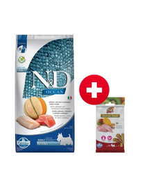 FARMINA N&D Ocean Dog Adult Mini salmon, cod & canatloupe melon 7 kg + FARMINA N&D Tropical Selection Dental Treat Chicken Mini 60 g (7 db.) INGYEN!
