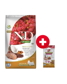 FARMINA N&D Quinoa Dog Skin&Coat Adult Mini quail, coconut 2.5 kg + FARMINA N&D Quinoa Dental Treat Skin Coat Quail Mini 60 g INGYEN!