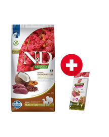 FARMINA N&D Quinoa Dog Adult Medium&Maxi Skin&Coat Venison & Coconut 7 kg + FARMINA N&D Quinoa Dental Treat Skin Coat Duck Medium/Maxi 100 g (7 db.) INGYEN!