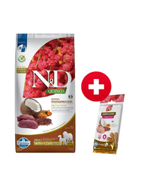 FARMINA N&D Quinoa Dog Adult Medium&Maxi Skin&Coat Venison & Coconut 7 kg + FARMINA N&D Quinoa Dental Treat Skin Coat Quail Medium/Maxi 100 g (7 db.) INGYEN!!