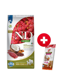 FARMINA N&D Quinoa Dog Skin&Coat Duck&Coconut Adult Medium&Maxi 7 kg + FARMINA N&D Quinoa Dental Treat Skin Coat Herring Medium/Maxi 100 g (7 db.) INGYEN!