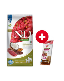 FARMINA N&D Quinoa Dog Skin&Coat Duck&Coconut Adult Medium&Maxi 7 kg + FARMINA N&D Quinoa Dental Treat Skin Coat Venison Medium/Maxi 100 g (7 db.) INGYEN!