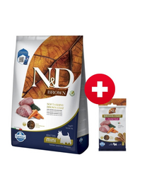 FARMINA N&D Brown Dog Adult Mini Lamb, Spirulina, Carrot 5 kg + FARMINA N&D Brown Dental Treat Coat Lamb Mini 60 g (7 db.) INGYEN!