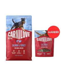 CARNILOVE Active Dog Salmon & Turkey Adult Small Breeds 4 kg lazac és pulyka kis testű kutyáknak + CARNILOVE Dog Soft Snack Salmon Small Bite 200g AJÁNDÉK