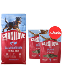 CARNILOVE Active Dog Salmon & Turkey Adult Small Breeds 12 kg lazac és pulyka kis testű kutyáknak + CARNILOVE Dog Soft Snack Salmon Small Bite 2x200g AJÁNDÉK