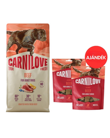 CARNILOVE True Fresh Dog Beef Adult 12 kg friss marhahússal kutyáknak + CARNILOVE Dog Jerky Beef Fillet 2x100g AJÁNDÉK