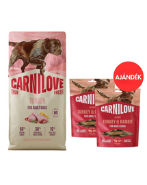 CARNILOVE True Fresh Dog Turkey Adult 12 kg friss pulykával készült kutyáknak + CARNILOVE Dog Jerky Turkey and Rabbit 2x100g AJÁNDÉK