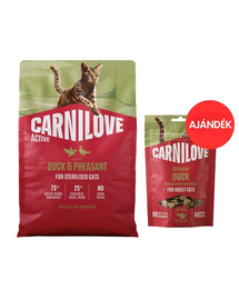 CARNILOVE Active Cat Duck and Pheasant Sterilised 2 kg ivart sterilizált macskáknak + CARNILOVE Crunchy Snack Cat Duck 50 g AJÁNDÉK