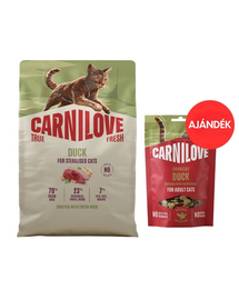 CARNILOVE True Fresh Cat Duck Sterilised 2 kg ivart sterilizált macskáknak + CARNILOVE Crunchy Snack Cat Duck 50 g AJÁNDÉK