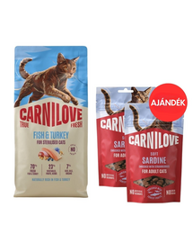 CARNILOVE True Fresh Cat Fish and Turkey Sterilised 6 kg ivartalanított macskáknak + CARNILOVE Soft Snack Cat Sardine 2x50 g AJÁNDÉK