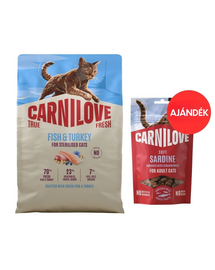 CARNILOVE True Fresh Cat Fish and Turkey Sterilised 2 kg ivart sterilizált macskáknak + CARNILOVE Soft Snack Cat Sardine 50 g AJÁNDÉK