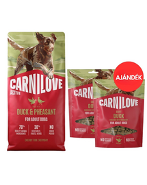 CARNILOVE Active Dog Duck and Pheasant Adult 12 kg kacsához és fácánhoz való kutyáknak + CARNILOVE Dog Soft Snack Duck 2x200g AJÁNDÉK