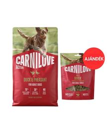 CARNILOVE Active Dog Duck and Pheasant Adult 4 kg kacsa és fácán kutyáknak + CARNILOVE Dog Soft Snack Duck 200g AJÁNDÉK