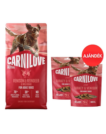 CARNILOVE Active Dog Venision and Reindeer Adult 12 kg vadhús, rénszarvas és vaddisznó kutyáknak + CARNILOVE Dog Jerky Turkey with Venision 2x100g AJÁNDÉK