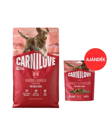 CARNILOVE Active Dog Venision and Reindeer Adult 4 kg vadhús, rénszarvas és vaddisznó kutyáknak + CARNILOVE Dog Jerky Turkey with Venision 100g AJÁNDÉK