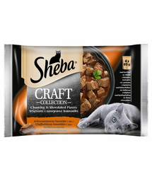 SHEBA 4x85g tasak Craft Collection Juicy Flavours - nedves macskaeledel szószban (marha, bárány, pulyka, csirke)