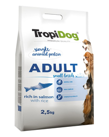 TROPIDOG Premium Adult S Salmon&Rice 2,5 kg száraz kutyaeledel kis fajtáknak Lazac és rizs