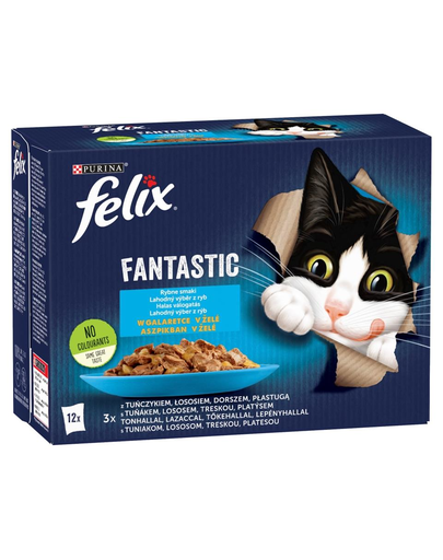 FELIX FANTASTIC Hal ízek zselében (tonhal, lazac, tőkehal, sima lepényhal) 12x85g nedves macskaeledel