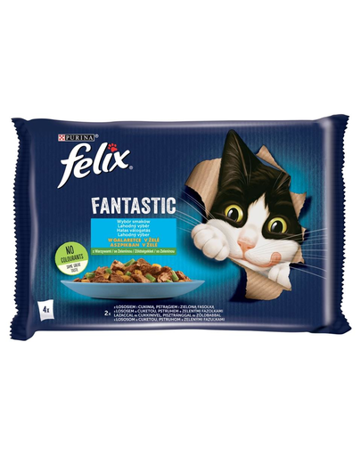 FELIX FANTASTIC Hal ízek zselében (lazac cukkiniben, pisztráng babban) 4x85g nedves macskatáp
