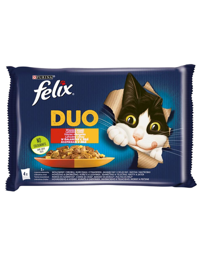 FELIX Duo Vidéki ízek zselében (marhahús és baromfi, csirke és zinfandel, bárány- és borjúhús, pulyka és máj) 4x85 g