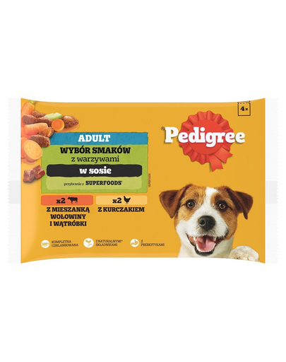 PEDIGREE Adult Choice of Flavors zöldségekkel 4x100g teljes értékű nedves eledel felnőtt kutyáknak, marhahús és máj keverékével, csirkével, mártásban