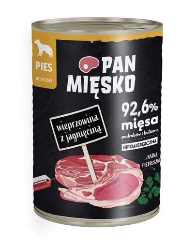 PAN MIĘSKO Sertéshús bárányhússal hipoallergén nedves kutyaeledel 400g