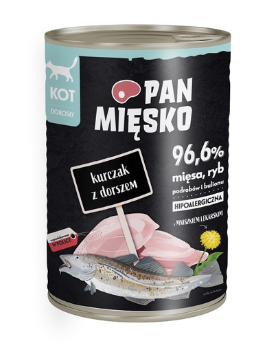 PAN MIĘSKO Csirke tőkehallal hipoallergén nedves macskaeledel 400g
