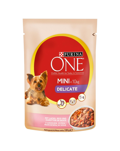 PURINA ONE Mini Delicate lazac, rizs, sárgarépa mártásban 20 x 100 g érzékeny kistestű kutyafajták számára