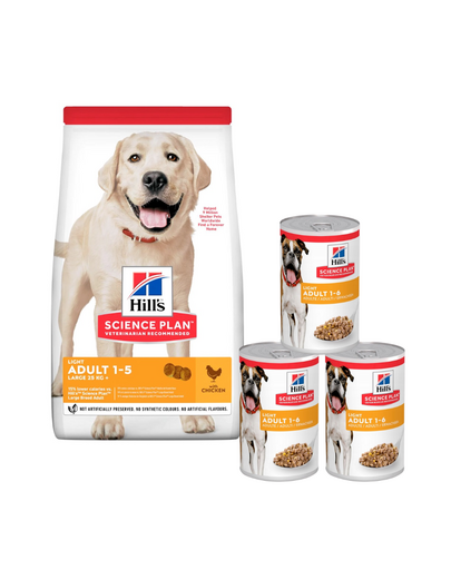 HILL'S Science Plan Canine Adult Light Large breed Chicken 18 kg nagytestű kutyáknak való táp csirkével + 3 konzerv INGYEN