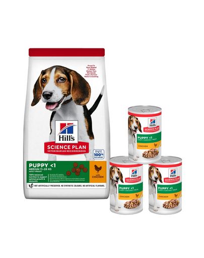 HILL'S Science Plan Canine Puppy Medium Chicken 18 kg közepes testű kutyáknak való csirkés táp + 3 konzerv INGYEN