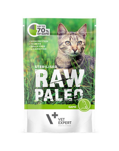 VET EXPERT RAW PALEO Sterilizált vad 100 g nedves eledel ivartalanított macskáknak szarvastehén