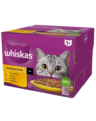 WHISKAS Adult Baromfihús eledel szószban 48x85 g-os darabokban csirkével, kacsával, baromfival, pulykával felnőtt macskáknak
