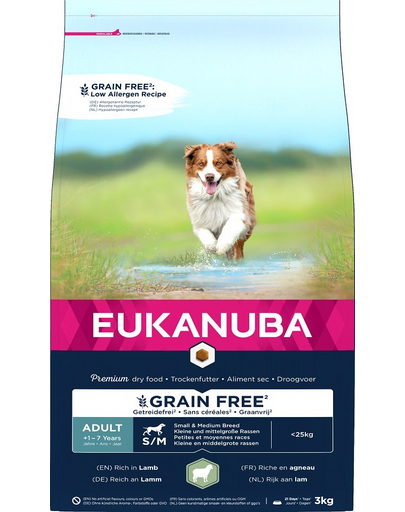 EUKANUBA Grain Free S/M Adult Bárány 3 kg felnőtt kis és közepes fajtájú kutyáknak
