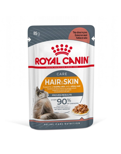 ROYAL CANIN HAIR & SKIN CARE GRAVY - szószos nedves táp felnőtt macskák részére a szebb szőrzetért és az egészséges bőrért 12x85g
