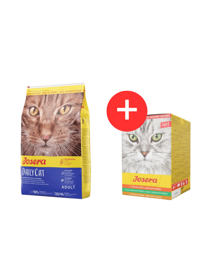 JOSERA Daily Cat 10 kg gabonamentes felnőtt macskaeledel + Multipack Pate 6x85 g macskapástétom ízkeverék INGYENESEN