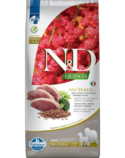 FARMINA N&D Quinoa Dog Neutered Adult Madium & Maxi duck, broccoli & asparagus 12 kg kacsa, brokkoli és spárga ivartalanított kutyáknak