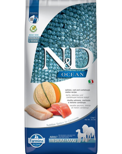 FARMINA N&D Ocean Dog Adult Medium & Maxi salmon, cod, pumpkin & cantaloupe melon 12 kg lazac, tőkehal, sütőtök, sárgadinnye